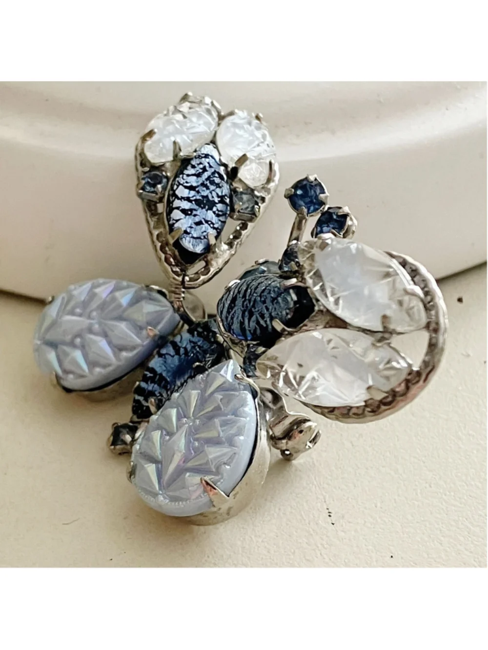 Vintage Butterfly Trembler Brooch Silver Filigree Foil Glass Stones Molded Art